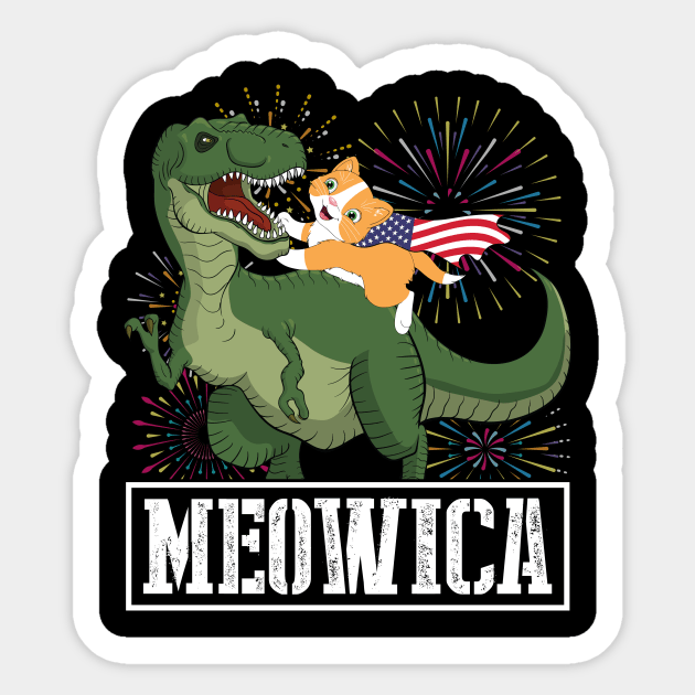 Cat With US Flag Riding Dinosaur And Fireworks MEOWICA Happy Independence July 4th Day American Cats Sticker by Cowan79